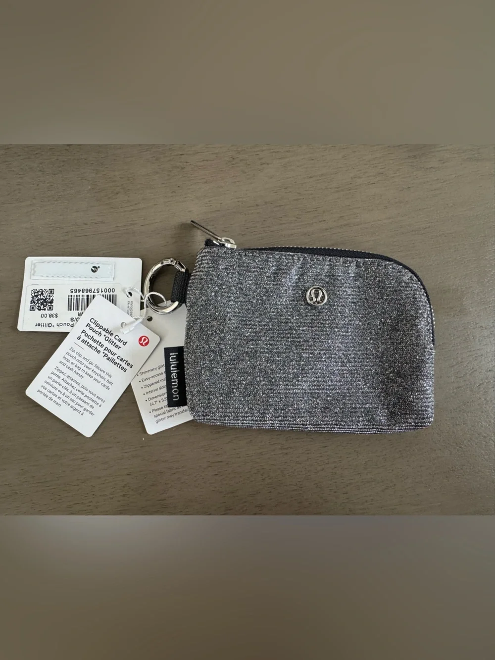 Lululemon Metallic Silver Glitter clippable card pouch